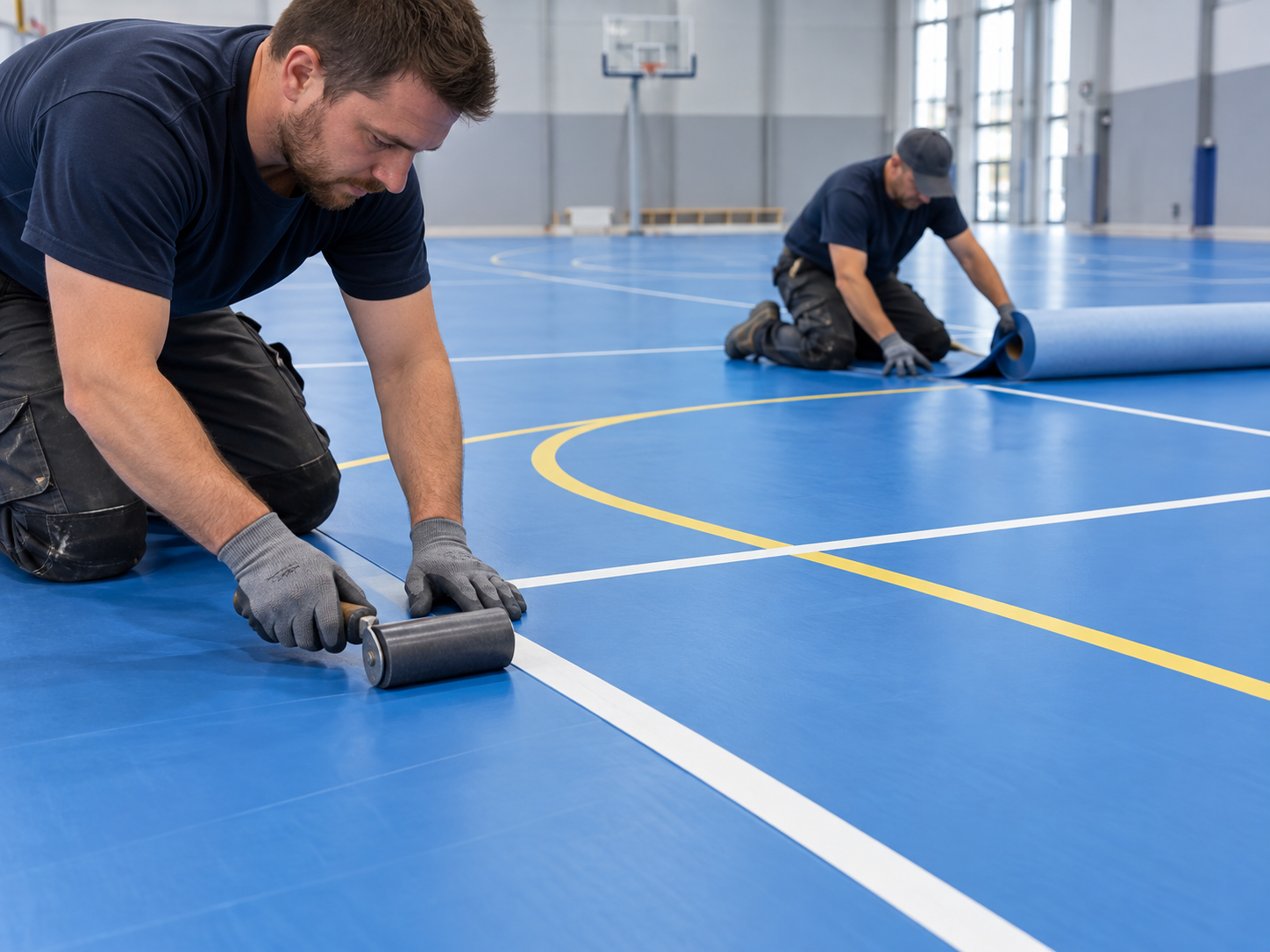 Installers fitting blue indoor sports court vinyl flooring